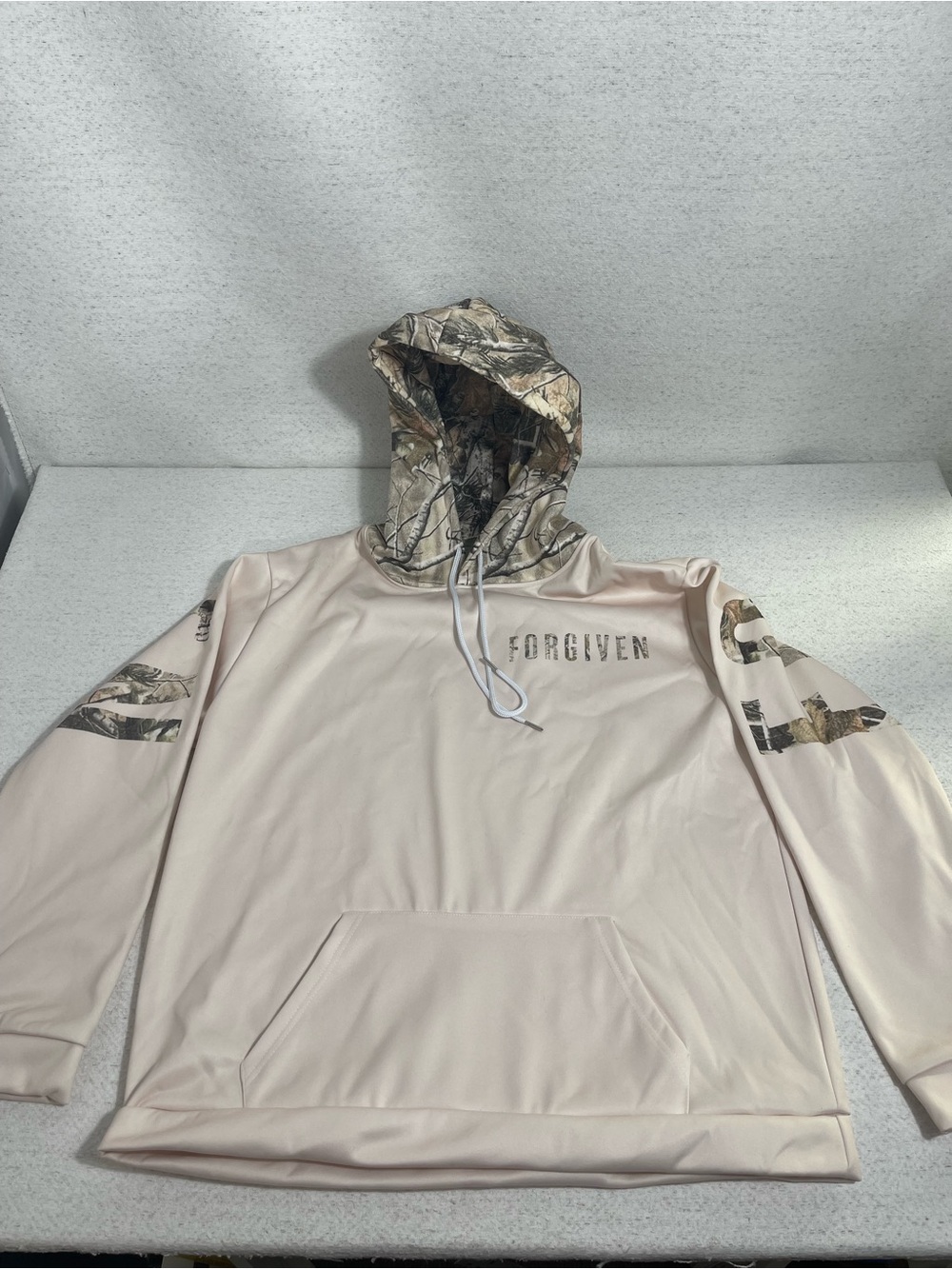Forgiven Psalm 32:1 Beige Camo Pullover Hooded Hoodie Unisex 2XL. SKU#0555